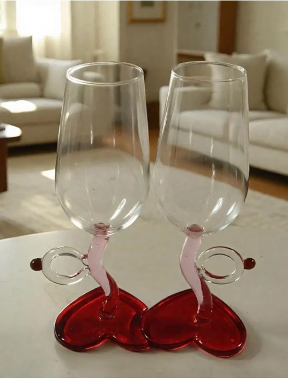 Heart Base Red Wine Glasses with Pink Stems - Set of 2